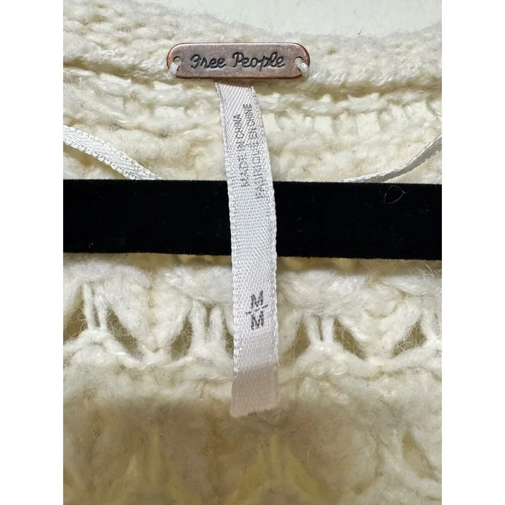 FREE PEOPLE Crashing Waves V-Neck Open Knit Slouchy Pullover Sweater Cream, Sz M